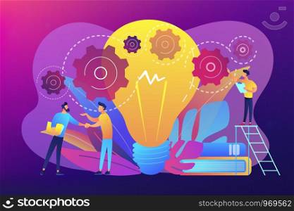Businessmen handshake and big bulb with gears. Business idea, business launcher and development, business plan concept on ultraviolet background. Bright vibrant violet vector isolated illustration. Business idea concept vector illustration.