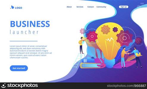 Businessmen handshake and big bulb with rotating gears. Business idea, business launcher and development, business plan concept on white background. Website vibrant violet landing web page template.. Business idea concept landing page.