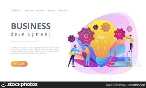 Businessmen handshake and big bulb with rotating gears. Business idea, business launcher and development, business plan concept on white background. Website vibrant violet landing web page template.. Business idea concept landing page.