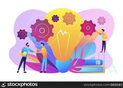 Businessmen handshake and big bulb with rotating gears. Business idea, business launcher and development, business plan concept on white background. Bright vibrant violet vector isolated illustration. Business idea concept vector illustration.