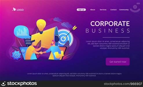 Businessmen handshake from laptops and megaphone. Collaboration and communication, corporate and cooperative business concept on white background. Website vibrant violet landing web page template.. Collaboration concept landing page.