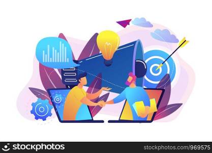 Businessmen handshake from laptops and megaphone. Collaboration and communication, corporate and cooperative business concept on white background. Bright vibrant violet vector isolated illustration. Collaboration concept vector illustration.