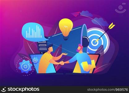 Businessmen handshake from laptops and megaphone. Collaboration, communication, corporate and cooperative business concept on ultraviolet background. Bright vibrant violet vector isolated illustration. Collaboration concept vector illustration.