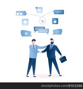 Businessmen handshake, successful business negotiations and agreement concept,male characters and signs isolated on white background. Trendy style vector illustration