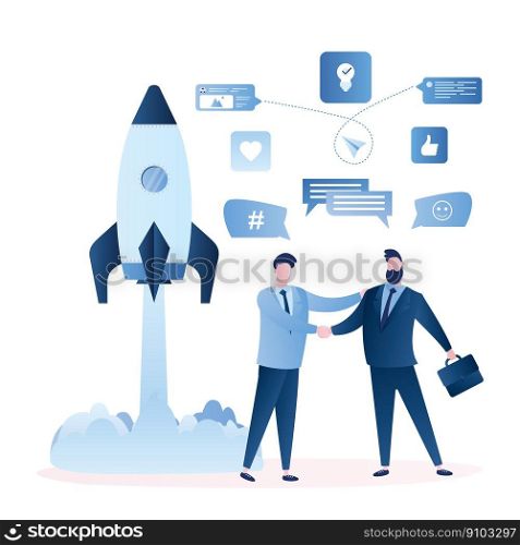 Businessmen handshake, successful business negotiations and agreement,male characters and signs.Spaceship takeoff. New business startup concept. Trendy style vector illustration