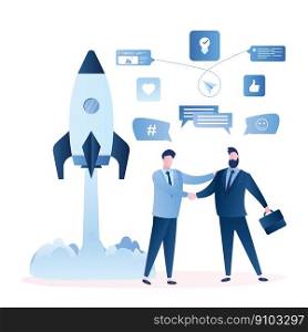 Businessmen handshake, successful business negotiations and agreement,male characters and signs.Spaceship takeoff. New business startup concept. Trendy style vector illustration