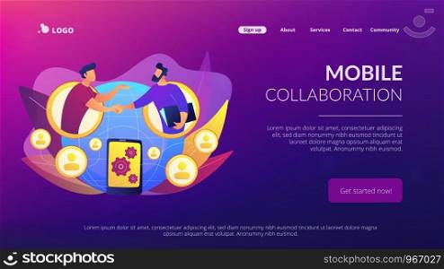 Businessmen handshaking through smartphone. Mobile collaboration, collaborative tools and mobile teamwork, mobile and innovative networking concept. Website vibrant violet landing web page template.. Mobile collaboration concept landing page.