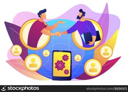 Businessmen handshaking through smartphone. Mobile collaboration, collaborative tools and mobile teamwork, mobile and innovative networking concept. Bright vibrant violet vector isolated illustration. Mobile collaboration concept vector illustration.