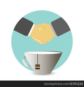 Businessmen have agreed on business meeting and there is a handshake behind a cup of tea, coffee. Business concept