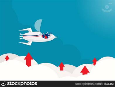 Businessmen holding binoculars in a space shuttle up to the sky while flying above a cloud. looking arrow growth goal.business vector