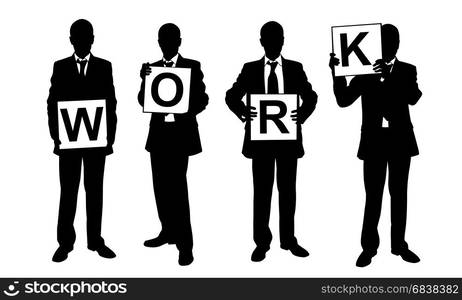 "businessmen holding "work" sign isolated on white"