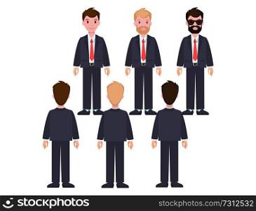 Businessmen in classic suits and red ties with blond and dark hair with stylish and thick beards sunglasses cartoon characters vector illustrations.. Businessmen in Classic Suits and Ties Characters