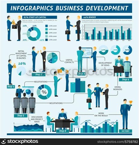 Businessmen infographics set with business development people teamwork symbols and charts vector illustration. Businessmen Infographics Set