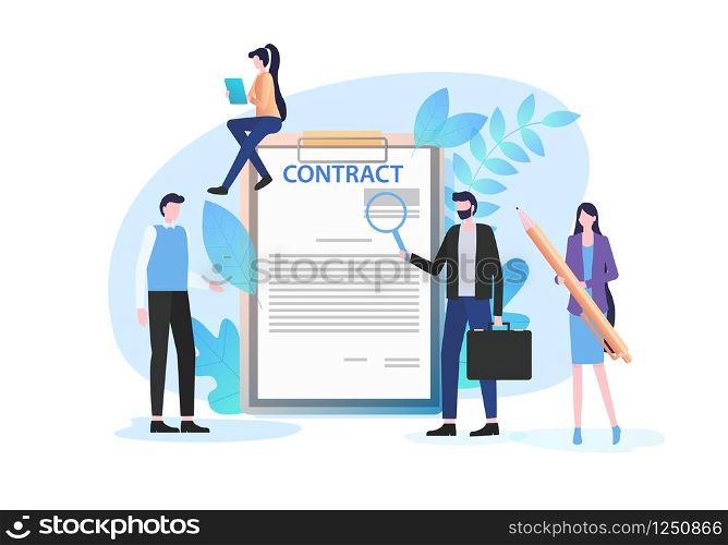 Businessmen Inspect Document with Magnifying Glass Woman Pen Sign Contract Vector Illustration. Business Deal Agreement Employment Contract Professional Lawyer Work Insurance Investment Paper. Businessmen Inspect Document with Magnifying Glass