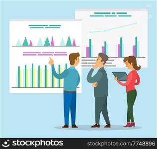 Businessmen looking at graphs on boards. Man presenting financial plan to thoughtful investor. Worker presenting graphical analysis, analytics to boss. Businesswoman looking at digital tablet. Man woman presenting financial plan to investor, workers presenting graphical analysis, analytics