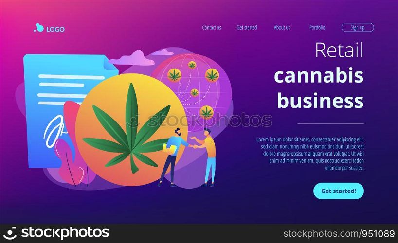 Businessmen making a deal on cannabis distribution on globe. Distribution of hemp products, retail cannabis business, marijuana sales market concept. Website vibrant violet landing web page template.. Distribution of hemp products concept landing page.