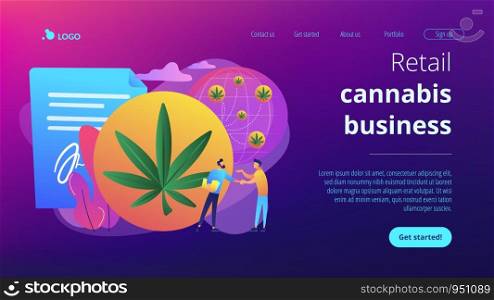 Businessmen making a deal on cannabis distribution on globe. Distribution of hemp products, retail cannabis business, marijuana sales market concept. Website vibrant violet landing web page template.. Distribution of hemp products concept landing page.