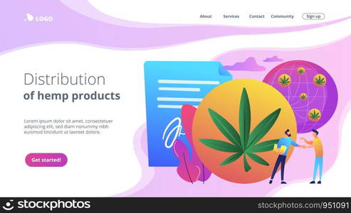 Businessmen making a deal on cannabis distribution on globe. Distribution of hemp products, retail cannabis business, marijuana sales market concept. Website vibrant violet landing web page template.. Distribution of hemp products concept landing page.