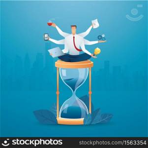 businessmen multitasking on hourglass. concept of working hard vector illustration
