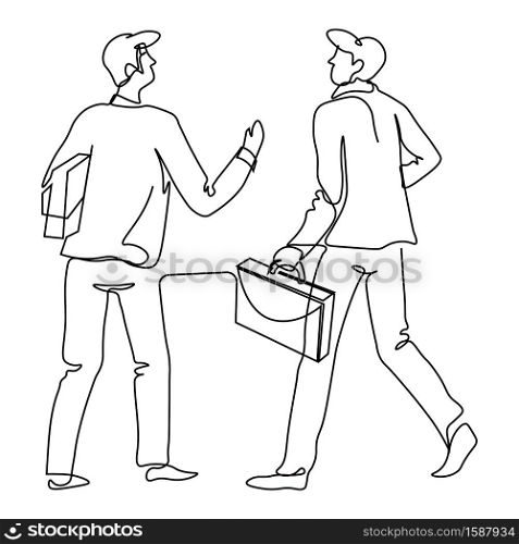 Businessmen or office workers with briefcase discussing work vector isolated outline drawing. Male characters, colleagues and coworkers, daily routine. Job or occupation, professional relationship. Office workers or colleagues, businessmen with briefcase isolated outline drawing