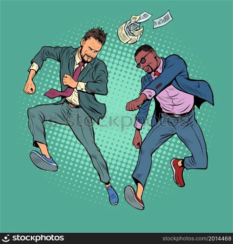 Businessmen play with documents and certificates like a ball, sports football rivalry, fight for victory. Pop art Retro vector illustration 50e 60 style. Businessmen play with documents and certificates like a ball, sports football rivalry, fight for victory