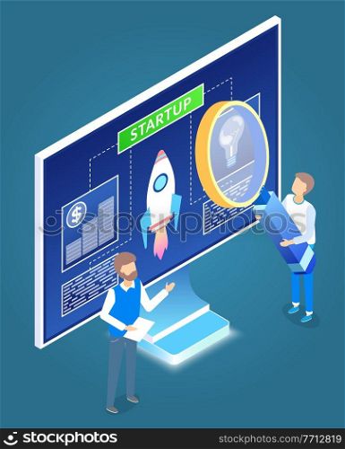 Businessmen presenting startup explaining details shown on whiteboard. Monitor with rocket and information. Man holding magnifying glass conducting research. Male presenting ideas, vector. Workers Launching Business Project or Startup