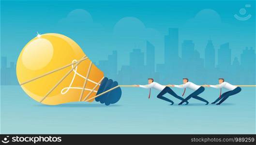 businessmen pull the rope with light bulb icon, creative concept. vector illustration EPS10