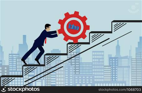 Businessmen push gear red up ladder. go to goal. business success. creative idea. leadership. illustration vector