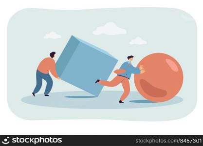 Businessmen pushing abstract ball and cube in race. Flat vector illustration. Smart men competing for title of most efficient, creative, best employee. Goal, leadership, challenge, competition concept