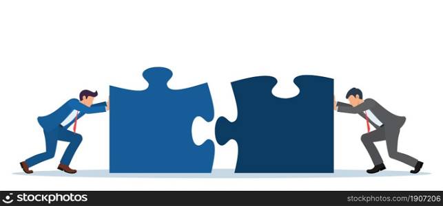 Businessmen pushing two jigsaw puzzle elements. Business concept. Teamwork metaphor. Symbol of working together, cooperation, partnership. Vector illustration in flat style.. Businessmen pushing two puzzle elements