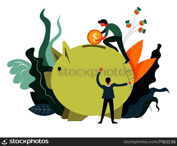 Businessmen putting dollar currency coin in storage vector. Teamwork of people investing and saving financial assets. Economy and income safety, piggy with hole to save money, foliage and leaves. Businessmen putting dollar currency coin in storage vector