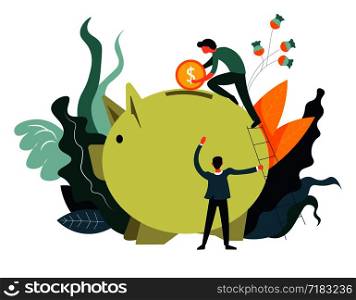 Businessmen putting dollar currency coin in storage vector. Teamwork of people investing and saving financial assets. Economy and income safety, piggy with hole to save money, foliage and leaves. Businessmen putting dollar currency coin in storage vector