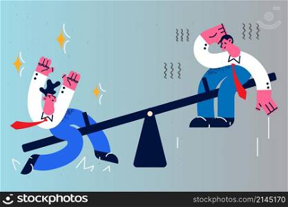 Businessmen ride balance on children swing show balance in business. Male employees or colleagues compete for leadership. Rivalry and competition in office. Flat vector illustration. . Businessmen balance on children swing
