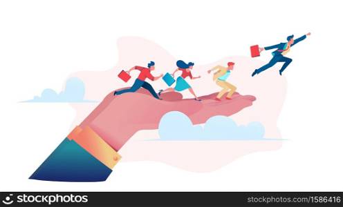 Businessmen run along big hand and fly up above clouds. Metaphor of sponsor or patron helps young business. Business opportunity concept. Flat vector illustration