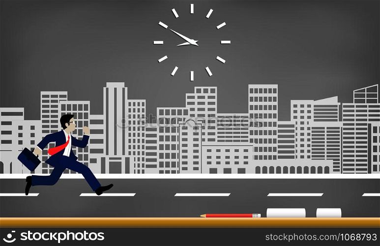 Businessmen run to race against time. follow the clock to work late. Business concept. cartoon isolated from a city drawing on blackboard background, illustration vector