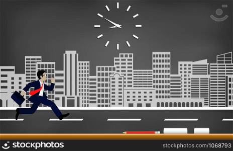 Businessmen run to race against time. follow the clock to work late. Business concept. cartoon isolated from a city drawing on blackboard background, illustration vector