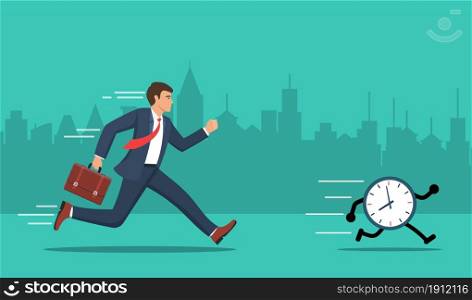 Businessmen running a race against time. Business concept. Vector illustration in flat style.. Businessmen running a race against time