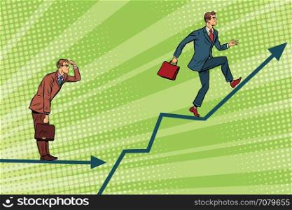 Businessmen running chart growth and look forward. Pop art retro vector illustration. Financial results. Businessmen running chart growth and look forward