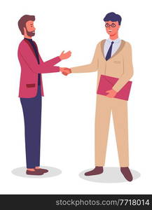 Businessmen shake hands, good deal, partnership concept. Business people group communicating standing on white background. Smiling friendly colleagues wearing in formal clothes vector flat design. Businessmen shake hands, good deal, partnership concept. Business people group communicating