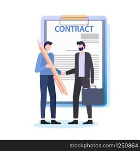 Businessmen Shake Hands Man with Pen Sign Contract Vector Illustration. Business Deal Document Agreement Employment Paper Real Estate Purchase Sale Mortgage Professional Lawer Work. Businessmen Shake Hands Man with Pen Sign Contrac