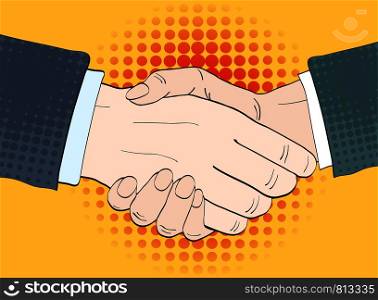 Businessmen shake hands vector illustration in retro pop art style. Partnership handshake concept poster in comic design