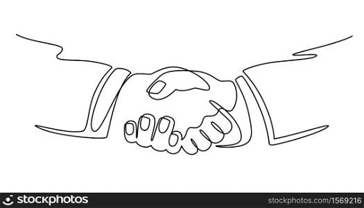 Businessmen shaking hands. Continuous line drawing business people meeting handshake, partner collaboration, partnership vector concept. Man having deal or agreement in business, signing contract. Businessmen shaking hands. Continuous line drawing business people meeting handshake, partner collaboration, partnership vector concept