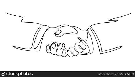 Businessmen shaking hands. Continuous line drawing business people meeting handshake, partner collaboration, partnership vector concept. Man having deal or agreement in business, signing contract. Businessmen shaking hands. Continuous line drawing business people meeting handshake, partner collaboration, partnership vector concept