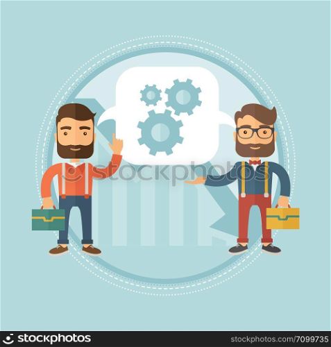 Businessmen sharing business ideas about financial recovery on the background of graph going down. Business idea, teamwork concept. Vector flat design illustration in the circle isolated on background. Two businessmen sharing business ideas.