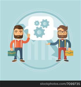 Businessmen sharing business ideas about financial recovery on the background of graph going down. Business idea, teamwork concept. Vector flat design illustration in the circle isolated on background. Two businessmen sharing business ideas.