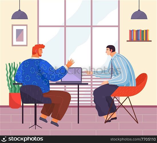 Businessmen sitting at desk with laptop in office interior, engaged in project management. Business partners meeting or working process. Male characters talking, communicating. Discussing cooperation. Businessmen sitting at desk with laptop in office interior. Business meeting or working process