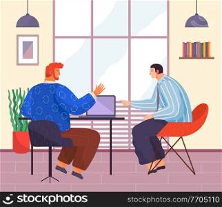 Businessmen sitting at desk with laptop in office interior, engaged in project management. Business partners meeting or working process. Male characters talking, communicating. Discussing cooperation. Businessmen sitting at desk with laptop in office interior. Business meeting or working process