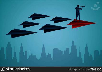 Businessmen standing holding binoculars on a red paper plane while flying above a city. go to target business success. startup. leadership. illustration cartoon vector