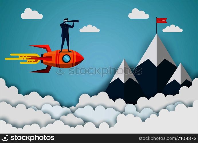 Businessmen standing holding binoculars on a space shuttle go to the red flag target on mountains while flying above a cloud. business finance success. leadership. startup. illustration cartoon vector
