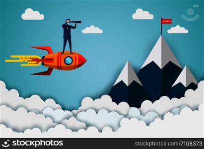 Businessmen standing holding binoculars on a space shuttle go to the red flag target on mountains while flying above a cloud. business finance success. leadership. startup. illustration cartoon vector